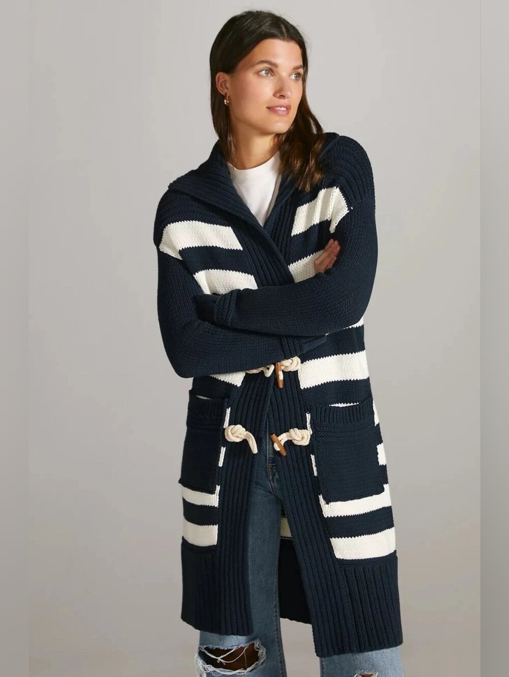 Anthropologie Maeve Navy and White Striped Toggle Duster Sz S